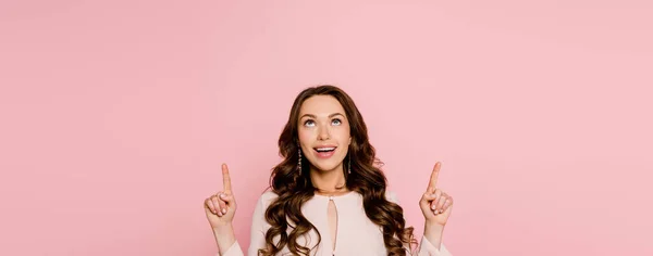 Panoramic Shot Cheerful Girl Pointing Fingers Looking Isolated Pink — Stock Photo, Image