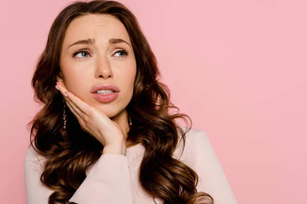 Worried Young Woman Touching Face Isolated Pink — Stock Photo, Image