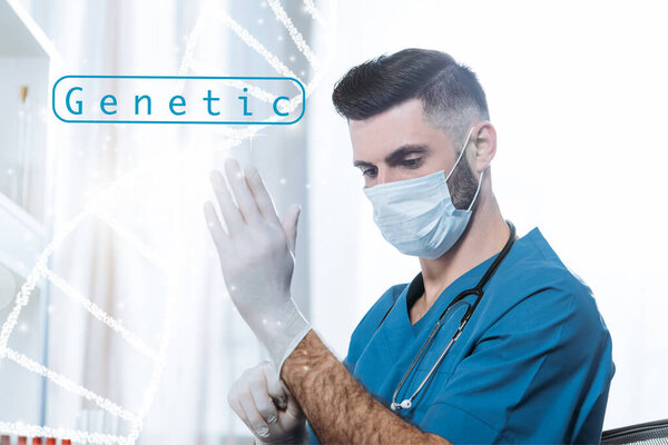 young doctor in medical mask putting on protective latex gloves, genetic illustration
