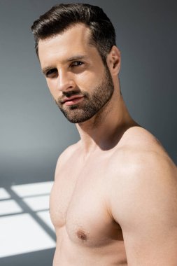Yakışıklı ve gömleksiz bir adam gri kameraya bakıyor. 