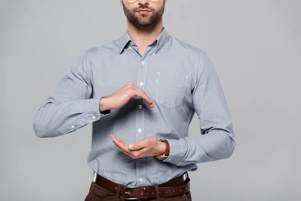 Vue Recadrée Homme Barbu Gesticulant Isolé Sur Gris — Photo