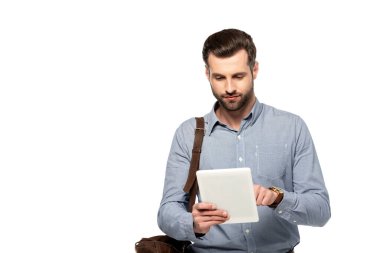 bearded businessman with bag using digital tablet isolated on white  clipart