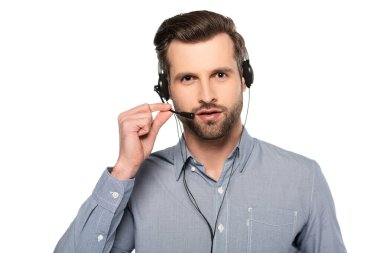 bearded operator touching headset and talking isolated on white   clipart