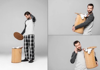 collage of handsome man looking at dirty clothing, holding laundry basket and talking on smartphone on grey  clipart