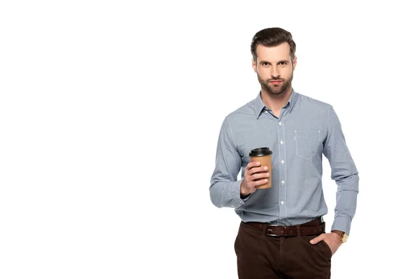 Bonito Homem Segurando Café Para Com Mão Bolso Isolado Branco — Fotografia de Stock