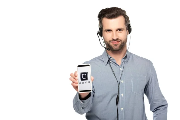 Kiew Ukraine März 2020 Schöner Bediener Headset Smartphone Mit Uber — Stockfoto