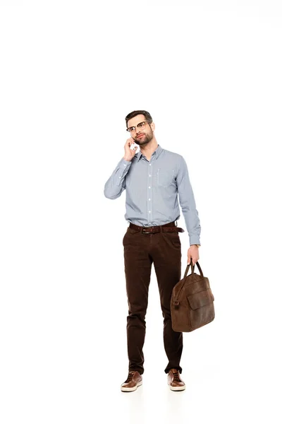 Handsome Bearded Businessman Holding Bag Talking Smartphone Isolated White — Stock Photo, Image