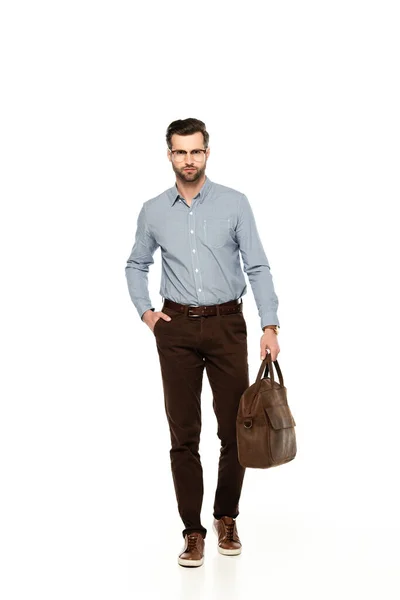 Handsome Bearded Businessman Holding Bag Standing Hand Pocket Isolated White — Stock Photo, Image