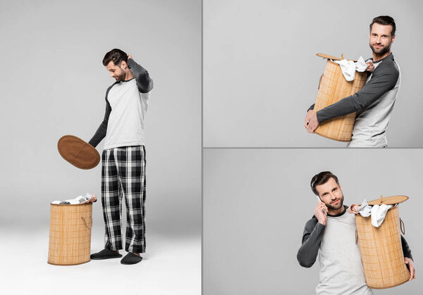 collage of handsome man looking at dirty clothing, holding laundry basket and talking on smartphone on grey 