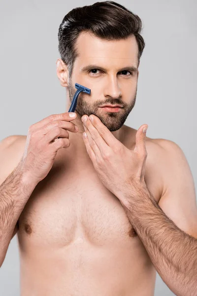 Handsome Man Shaving Holding Razor Isolated Grey — Stock Photo, Image