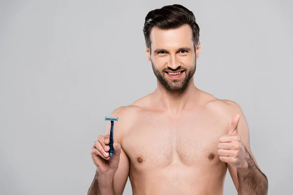 Handsome Man Holding Razor While Smiling Showing Thumb Isolated Grey — Stock Photo, Image