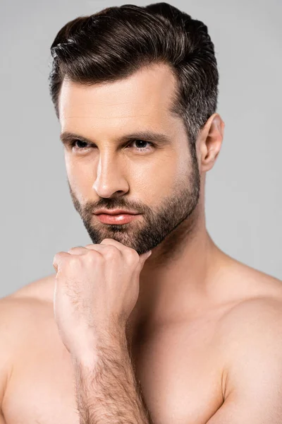 Pensive Shirtless Man Touching Face Isolated Grey — Stock Photo, Image