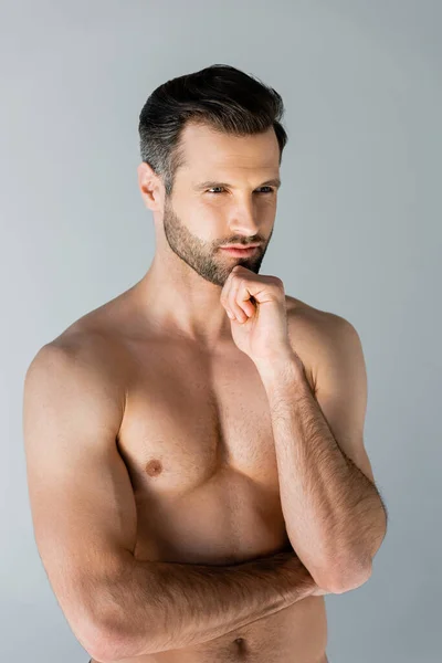 Thoughtful Shirtless Man Touching Face Isolated Grey — Stock Photo, Image