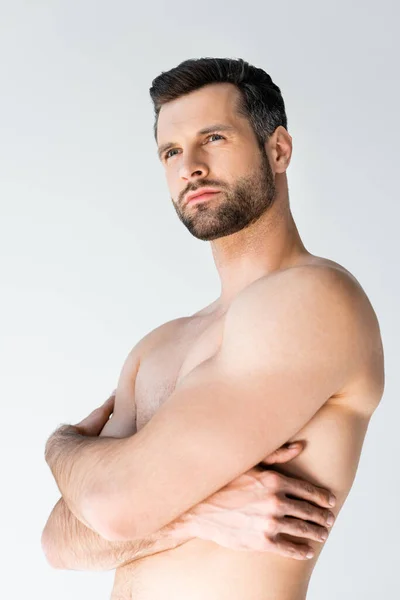 Handsome Shirtless Man Crossed Arms Isolated White — Stock Photo, Image