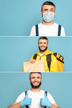 Tıbbi maske takan gülümseyen temizlikçi kolajı, mavi arka planda emri olan başparmakları ve teslimatçıyı gösteriyor.