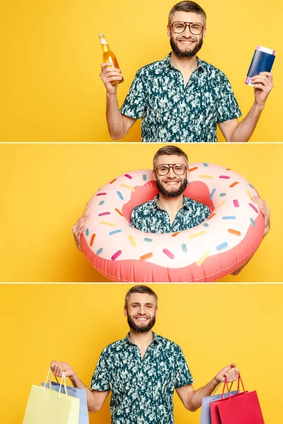 Collage Smiling Bearded Guy Glasses Donut Swim Ring Beer Passport — Stock Photo, Image