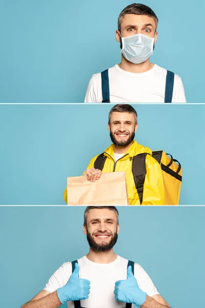 Collage Limpiador Sonriente Máscara Médica Mostrando Los Pulgares Hacia Arriba — Foto de Stock