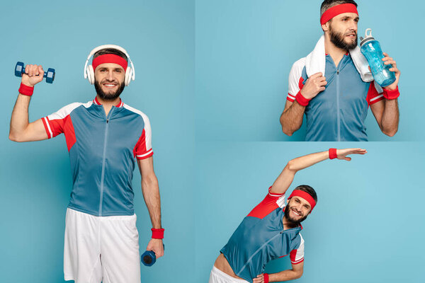 collage of happy stylish sportsman in headphones exercising with dumbbells, doing side crunch and drinking water on blue background