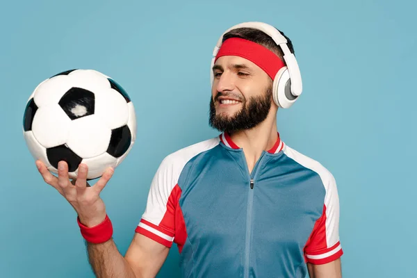 Happy Stylish Sportsman Headphones Soccer Ball Blue Background — Stock Photo, Image