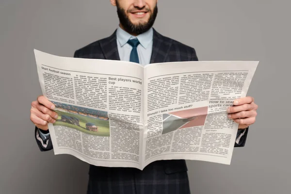 Cropped View Smiling Handsome Bearded Businessman Suit Reading Newspaper Grey — Stock Photo, Image