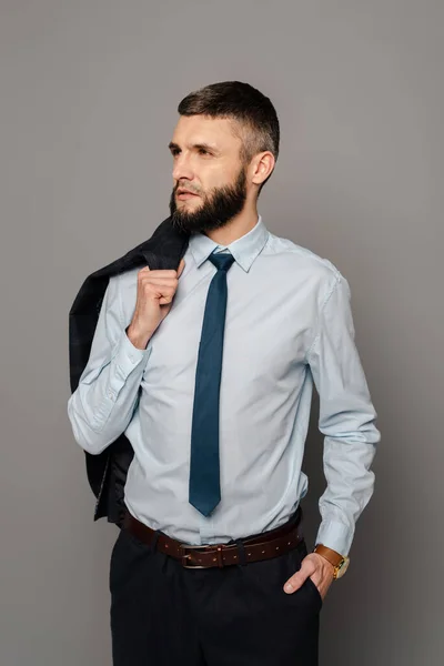 Handsome Bearded Businessman Blazer Grey Background — Stock Photo, Image