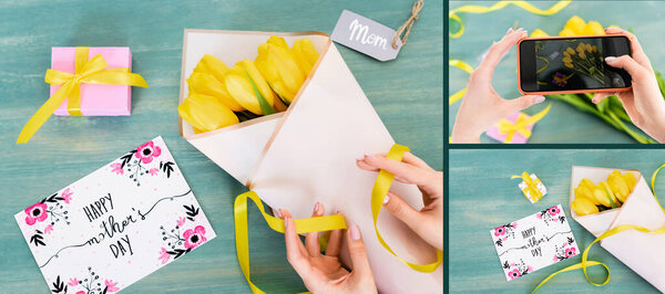 collage of woman taking photo of yellow tulips, gift box, mom tag lettering and greeting card with happy mothers day on textured surface