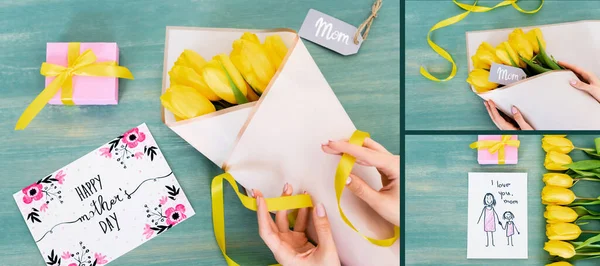 Collage Woman Touching Ribbon Yellow Tulips Greeting Cards Lettering Gift — Stock Photo, Image