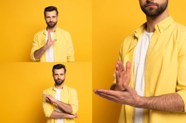 Collage of man showing gestures in deaf and dumb language on yellow background