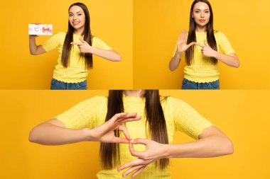 Collage of woman pointing on gift card and using deaf and dumb language on yellow background