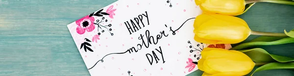 Panoramic Shot Greeting Card Happy Mothers Day Lettering Yellow Tulips — Stock Photo, Image