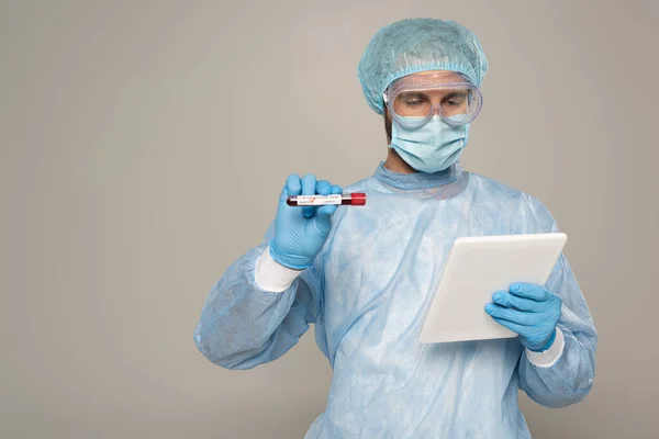 Doctor Holding Test Tube Blood Sample Coronavirus Lettering While Using — Stock Photo, Image