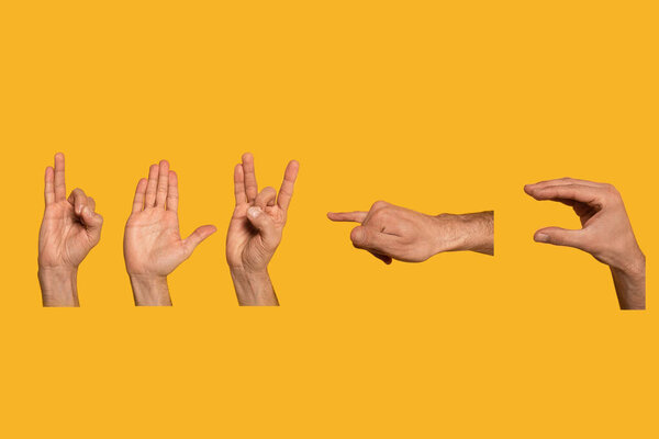 Коллаж человека, показывающего слово вирус с кириллицей жестового языка изолированы на желтый
 