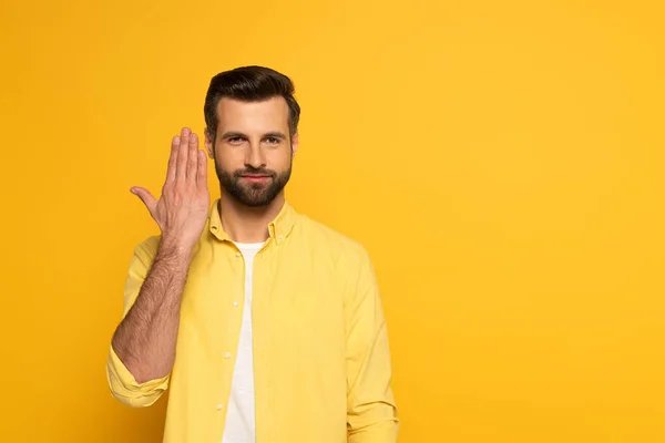 Man Showing Sign Deaf Dumb Language Yellow Background — Stok fotoğraf