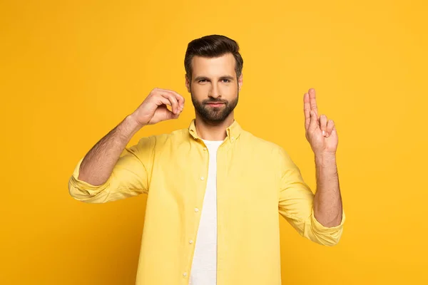 Handsome Man Showing Letters Deaf Dumb Language Yellow Background — Stok fotoğraf