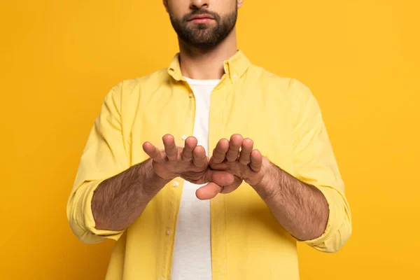 Cropped View Man Showing Gesture Deaf Dumb Language Yellow Background — Stockfoto