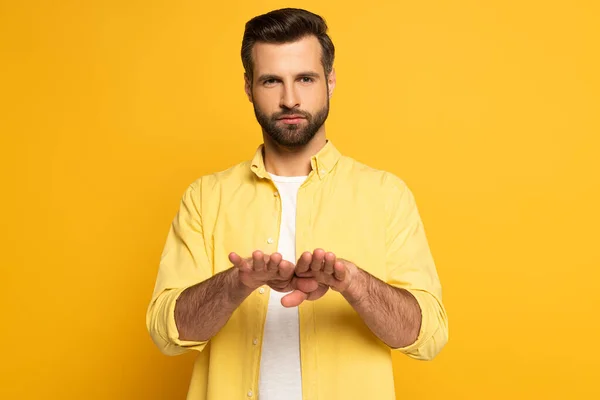 Young Man Using Deaf Dumb Language Yellow Background — Stockfoto