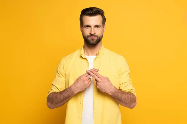 Man Using Deaf Dumb Language Yellow Background — Zdjęcie stockowe