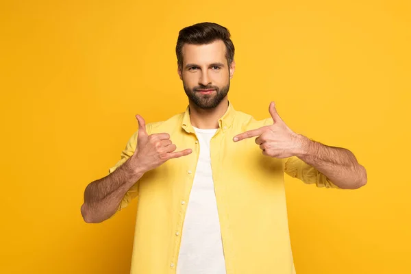 Man Looking Camera While Using Deaf Dumb Language Yellow Background — 스톡 사진