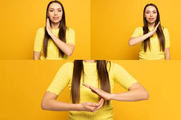 Коллаж Молодой Женщины Использующей Глухой Немой Язык Желтом Фоне — стоковое фото