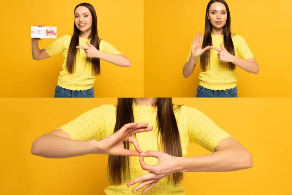Collage Woman Pointing Gift Card Using Deaf Dumb Language Yellow — Stockfoto