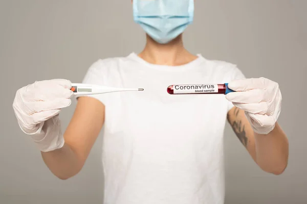Cropped View Girl Medical Mask Holding Thermometer Test Tube Blood — Stock Photo, Image