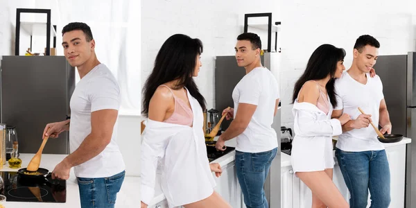 Collage Homme Souriant Préparant Des Aliments Avec Poêle Spatule Près — Photo