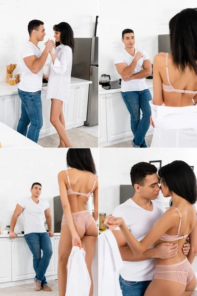 Collage Van Interraciale Paar Knuffelen Kussen Hand Vasthouden Kijken Naar — Stockfoto