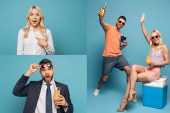 collage of surprised businesspeople and happy couple with passports, air tickets, drinks and portable fridge on blue background