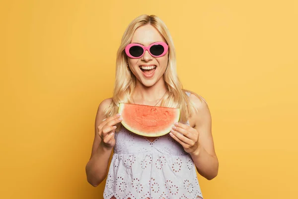 Happy Blonde Girl Sunglasses Holding Slice Watermelon Yellow Background — Stock Photo, Image