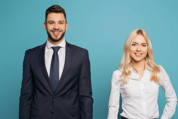 Young Smiling Couple Businesspeople Looking Camera Isolated Blue — Stock Photo, Image