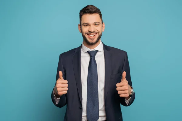 Happy Businessman Showing Thumbs While Looking Camera Blue Background — Stock Photo, Image