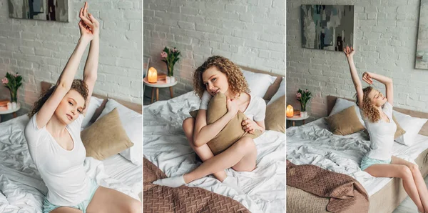 Collage Beautiful Girl Cozy Bedroom Himalayan Salt Lamp Horizontal Crop — Stock Photo, Image