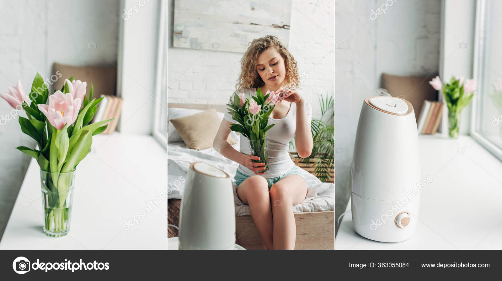 Güzel Mutlu Bir Kızla Kolaj Hava Temizleyicisi Çiçeklerle