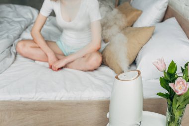 cropped view of girl in homewear on bed with flowers and air purifier spreading steam clipart
